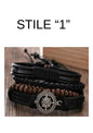 Bracciale in pelle e lega di zinco. Set 4 pezzi, misura regolabile da 26 a 31 cm.