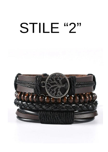 Bracciale in pelle e lega di zinco. Set 4 pezzi, misura regolabile da 26 a 31 cm.