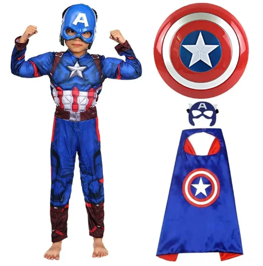 Costume per carnevale da Capitan America. L’abito di uno dei super eroi più amati dai bambini con accessori..