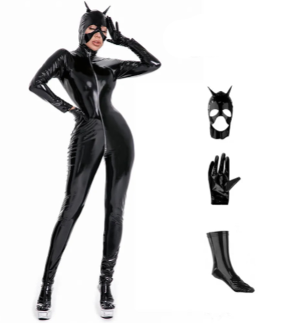 Abito carnevale da Cat-woman set completo con maschera e guanti. Colore rosso e nero dalla S alla 5L