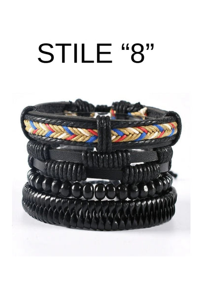 Bracciale in pelle e lega di zinco. Set 4 pezzi, misura regolabile da 26 a 31 cm.