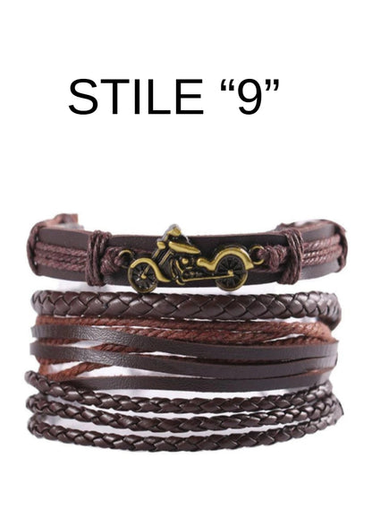 Bracciale in pelle e lega di zinco. Set 4 pezzi, misura regolabile da 26 a 31 cm.