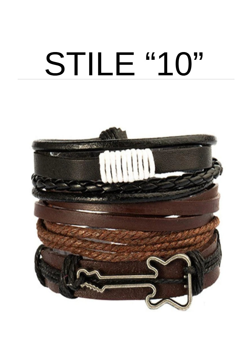 Bracciale in pelle e lega di zinco. Set 4 pezzi, misura regolabile da 26 a 31 cm.