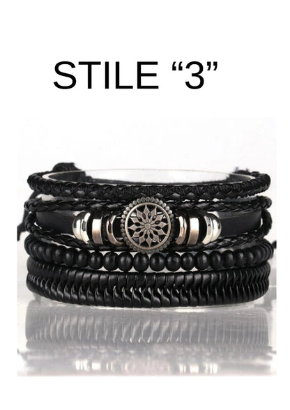 Bracciale in pelle e lega di zinco. Set 4 pezzi, misura regolabile da 26 a 31 cm.