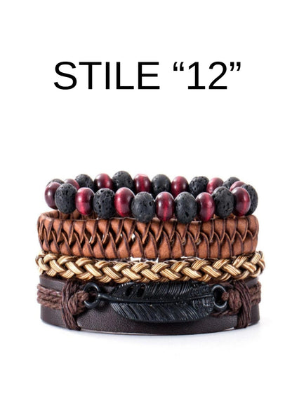 Bracciale in pelle e lega di zinco. Set 4 pezzi, misura regolabile da 26 a 31 cm.