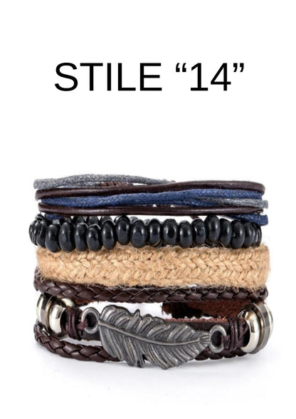 Bracciale in pelle e lega di zinco. Set 4 pezzi, misura regolabile da 26 a 31 cm.