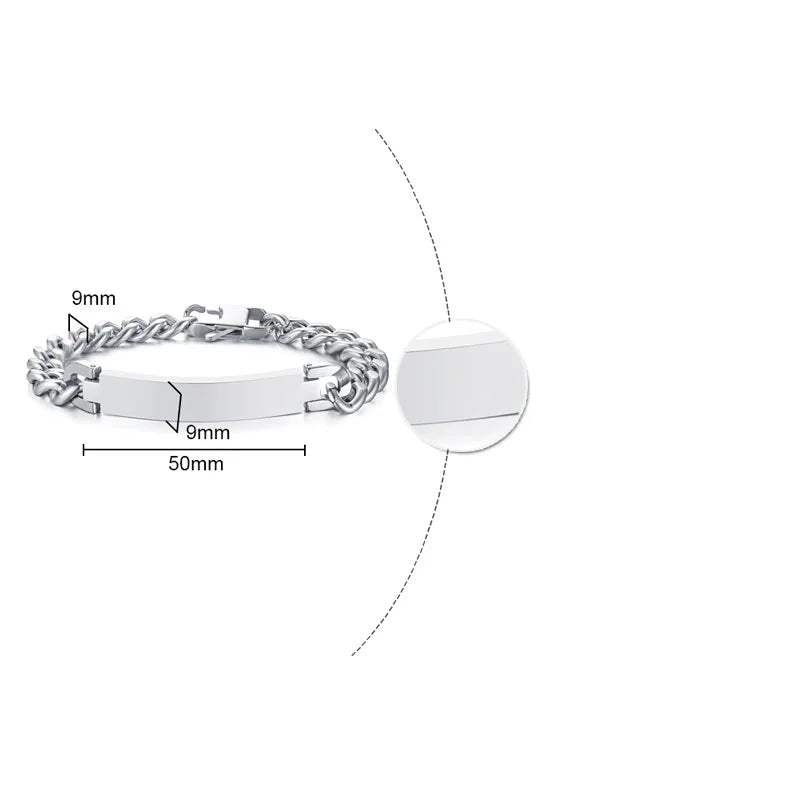 Bracciale in acciaio inossidabile personalizzabile con scritta. Due colori, per uomo e donna.