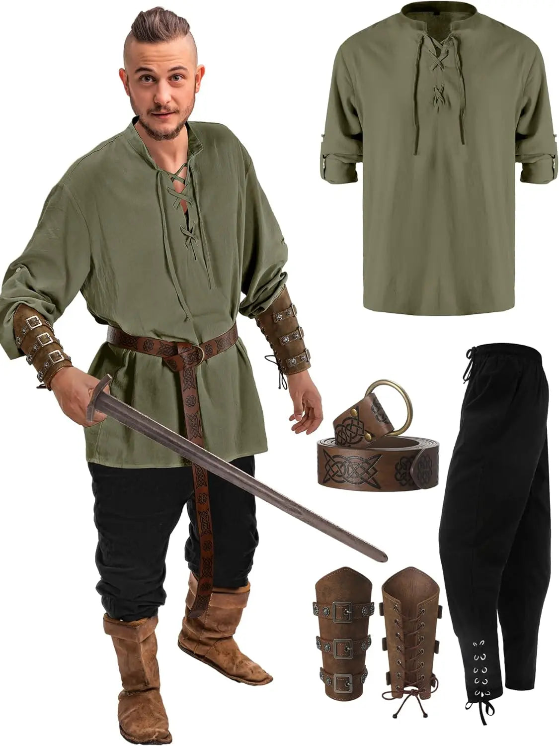 Costume gotico, da vichingo, Ideale per carnevale e cosplay. Set 4 pezzi.