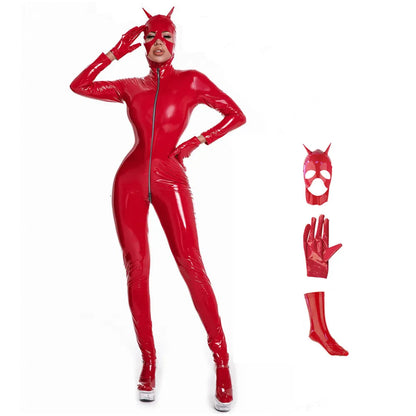 Abito carnevale da Cat-woman set completo con maschera e guanti. Colore rosso e nero dalla S alla 5L