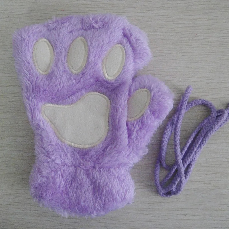 Guanti da donna in peluche senza dita a  forma di zampa di gatto. Morbidi, caldi, simpatici e carini.