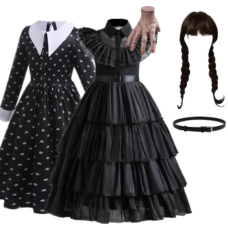 Abito “Famiglia Addams” con accessori. Set gioco composto abito “Mercoledì” e accessori per carnevale, cosplay, feste, Halloween.