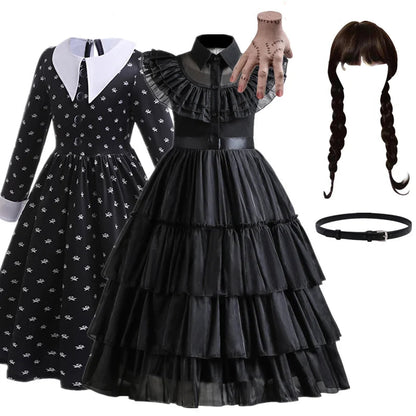 Abito “Famiglia Addams” con accessori. Set gioco composto abito “Mercoledì” e accessori per carnevale, cosplay, feste, Halloween.