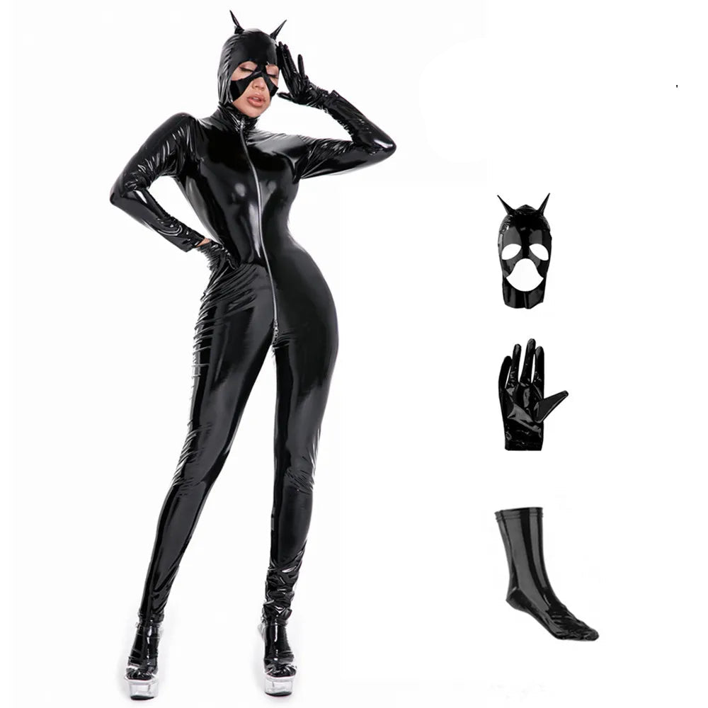 Abito carnevale da Cat-woman set completo con maschera e guanti. Colore rosso e nero dalla S alla 5L