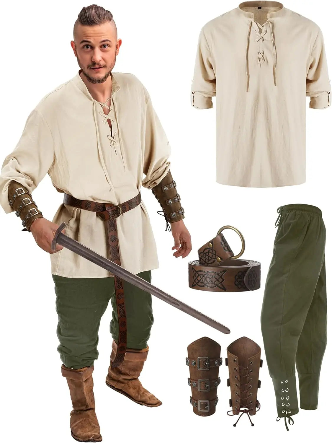 Costume gotico, da vichingo, Ideale per carnevale e cosplay. Set 4 pezzi.