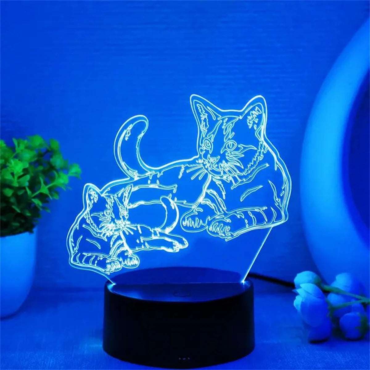 Luce notturna a forma gatto e gattino fantasia 3D colori cambiabili, 7 colori.