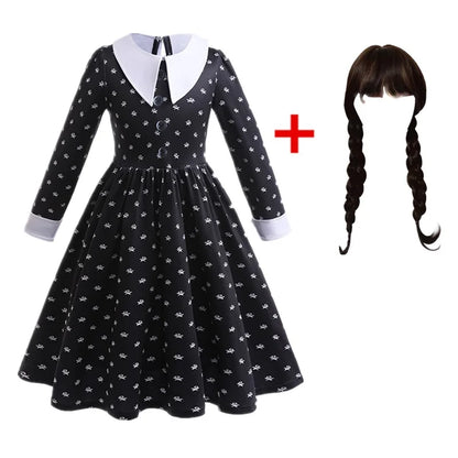 Abito “Famiglia Addams” con accessori. Set gioco composto abito “Mercoledì” e accessori per carnevale, cosplay, feste, Halloween.