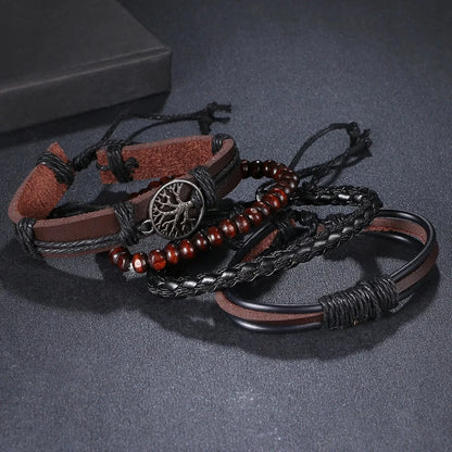 Bracciale in pelle e lega di zinco. Set 4 pezzi, misura regolabile da 26 a 31 cm.