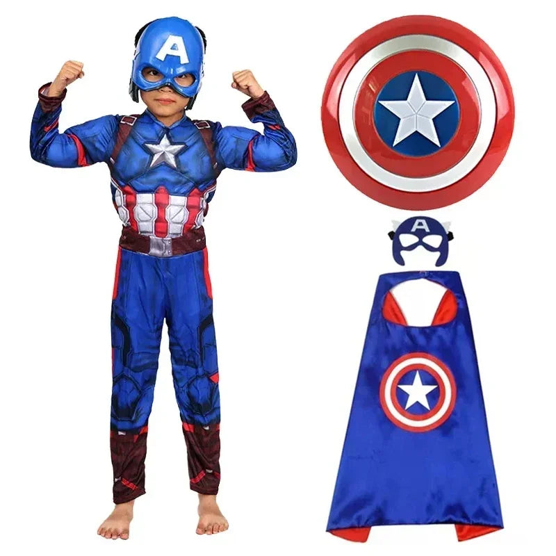 Costume per carnevale da Capitan America. L’abito di uno dei super eroi più amati dai bambini con accessori..