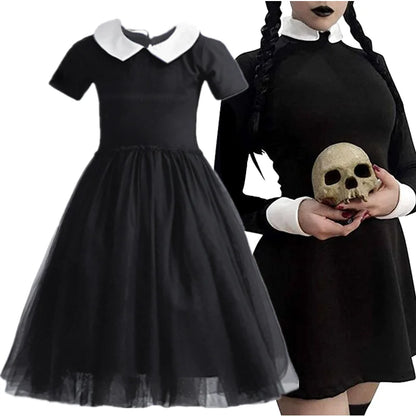 Abito “Famiglia Addams” con accessori. Set gioco composto abito “Mercoledì” e accessori per carnevale, cosplay, feste, Halloween.