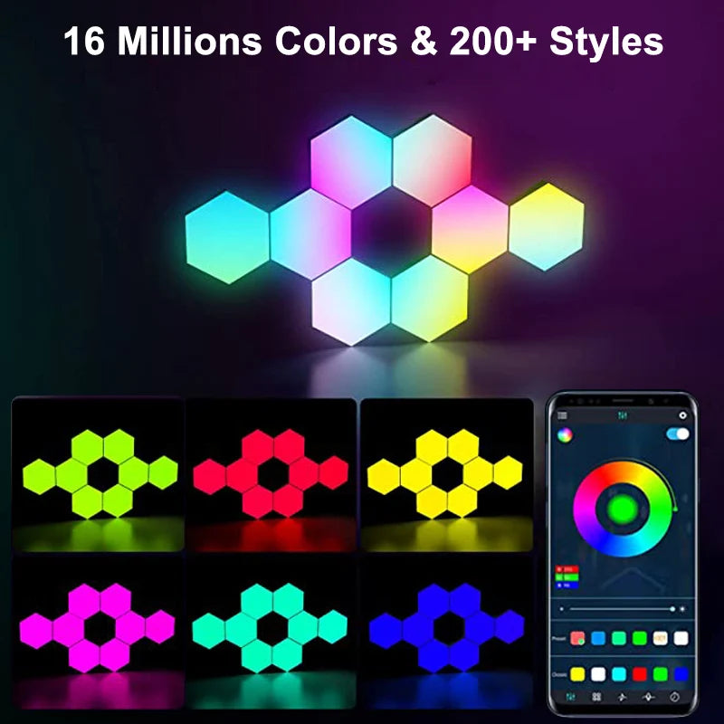 Luce esagonale RGB LED bluetooth, App, telecomando con rilevamento del suono. Applique decorazione da parete per interni.