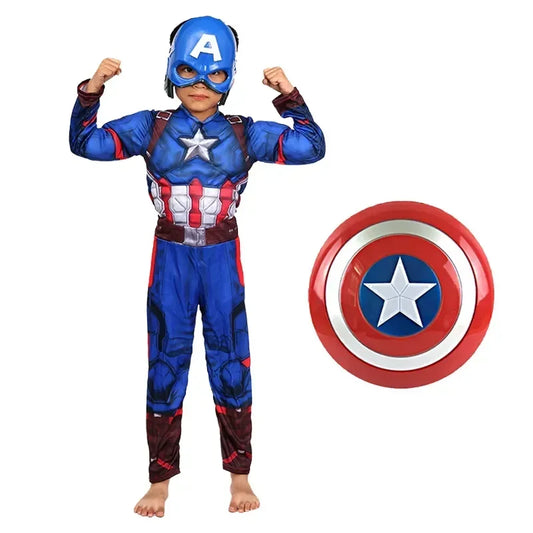 Costume per carnevale da Capitan America. L’abito di uno dei super eroi più amati dai bambini con accessori..