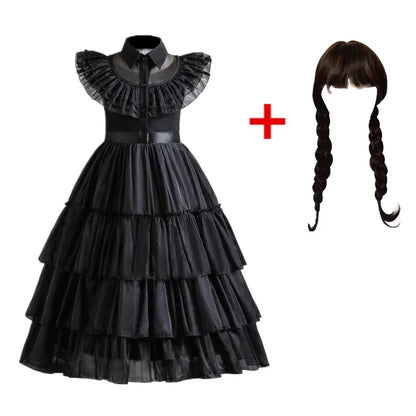 Abito “Famiglia Addams” con accessori. Set gioco composto abito “Mercoledì” e accessori per carnevale, cosplay, feste, Halloween.