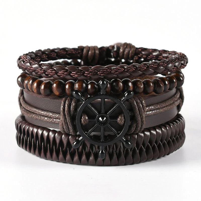 Bracciale in pelle e lega di zinco. Set 4 pezzi, misura regolabile da 26 a 31 cm.