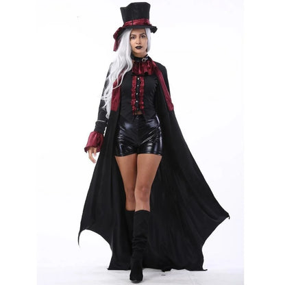 Costume da vampiro per adulti con cappello in omaggio. Più misure disponibili, versione disponibili per uomo e donna.