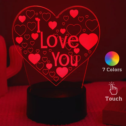 Luce notturna a forma di cuore scritta i love you. Fantasia 3D colori cambiabili, 7 colori.