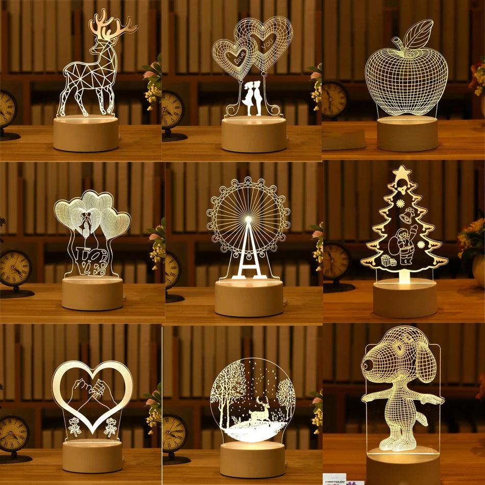 Luce notturna varie forme come cuore, albero di natale, anello, orsacchiootto etc. Fantasia 3D.