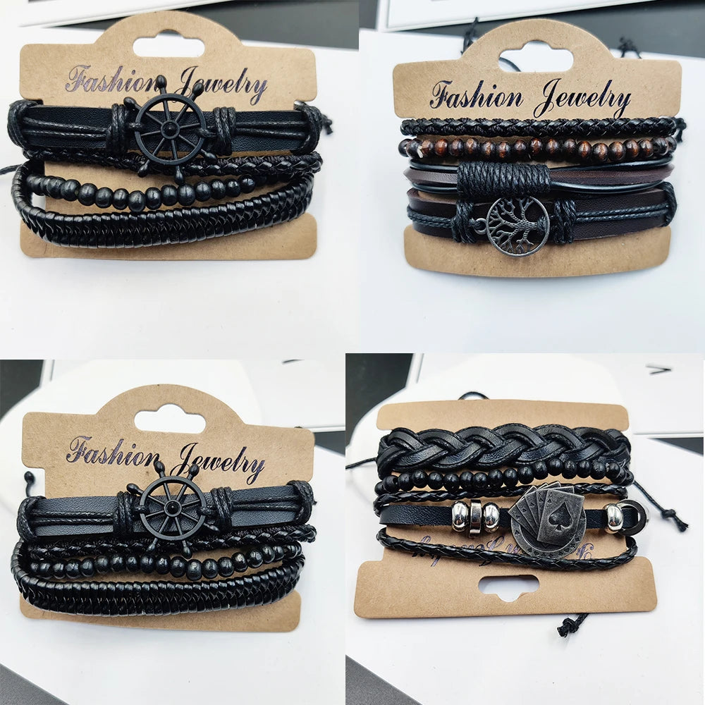 Bracciale in pelle e lega di zinco. Set 4 pezzi, misura regolabile da 26 a 31 cm.