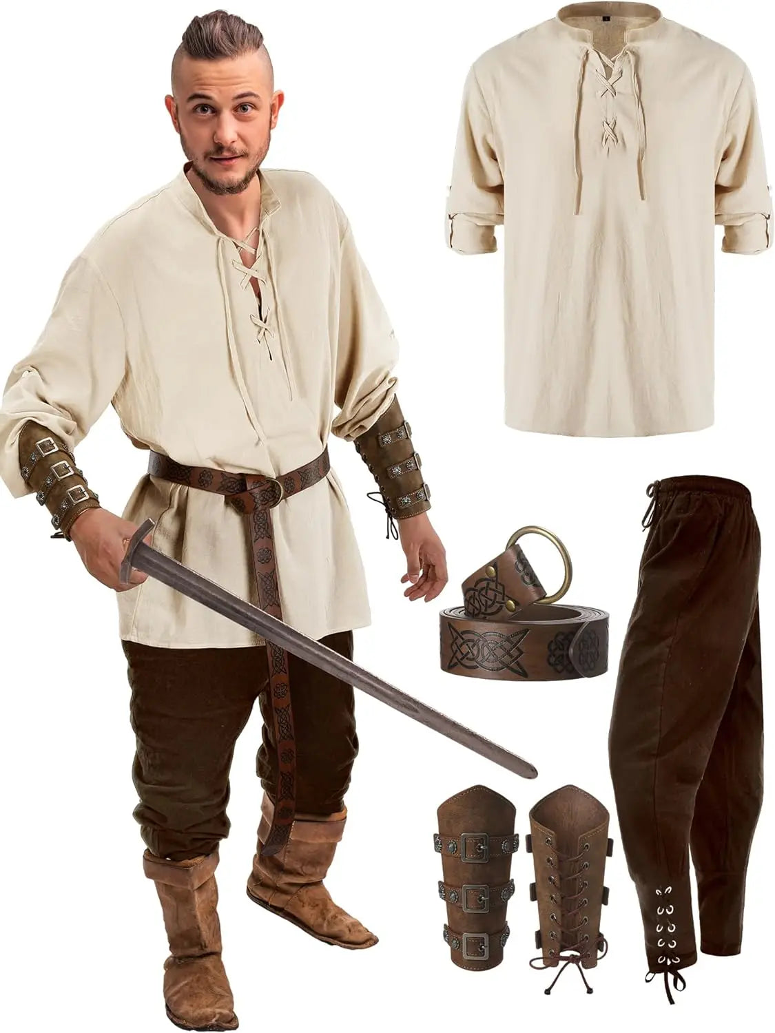 Costume gotico, da vichingo, Ideale per carnevale e cosplay. Set 4 pezzi.