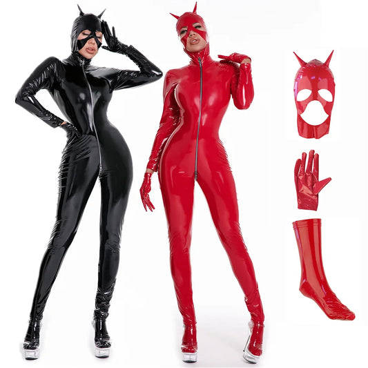 Abito carnevale da Cat-woman set completo con maschera e guanti. Colore rosso e nero dalla S alla 5L