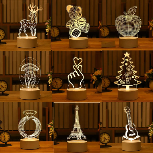 Luce notturna varie forme come cuore, albero di natale, anello, orsacchiootto etc. Fantasia 3D.