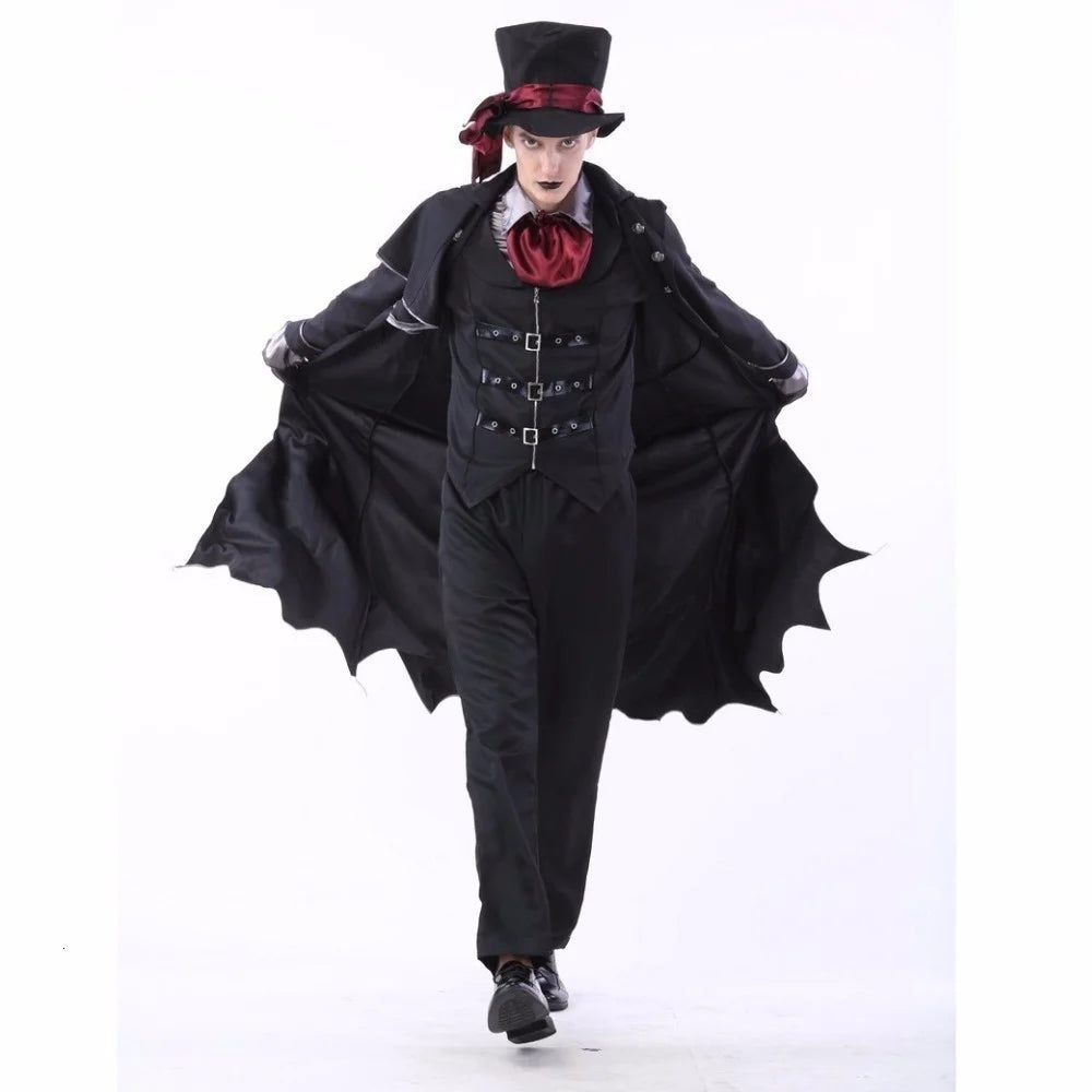 Costume da vampiro per adulti con cappello in omaggio. Più misure disponibili, versione disponibili per uomo e donna.