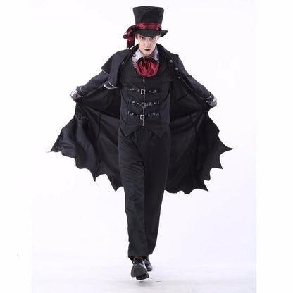 Costume da vampiro per adulti con cappello in omaggio. Più misure disponibili, versione disponibili per uomo e donna.