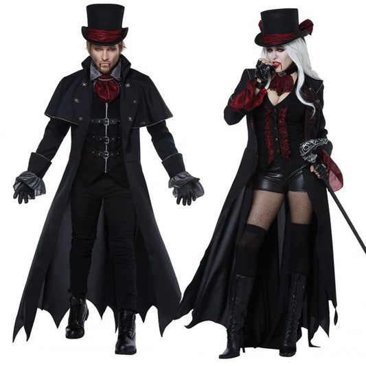 Costume da vampiro per adulti con cappello in omaggio. Più misure disponibili, versione disponibili per uomo e donna.