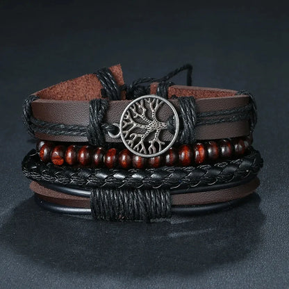 Bracciale in pelle e lega di zinco. Set 4 pezzi, misura regolabile da 26 a 31 cm.