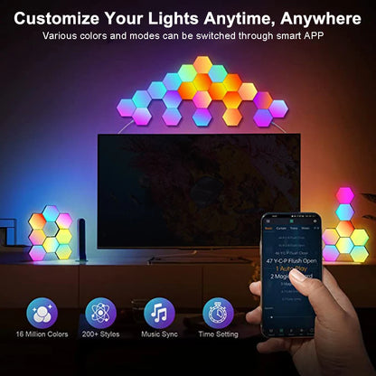 Luce esagonale RGB LED bluetooth, App, telecomando con rilevamento del suono. Applique decorazione da parete per interni.