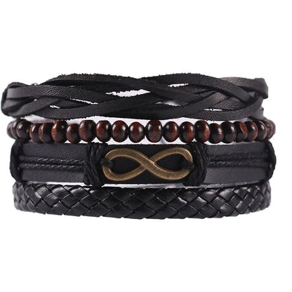 Bracciale in pelle e lega di zinco. Set 4 pezzi, misura regolabile da 26 a 31 cm.